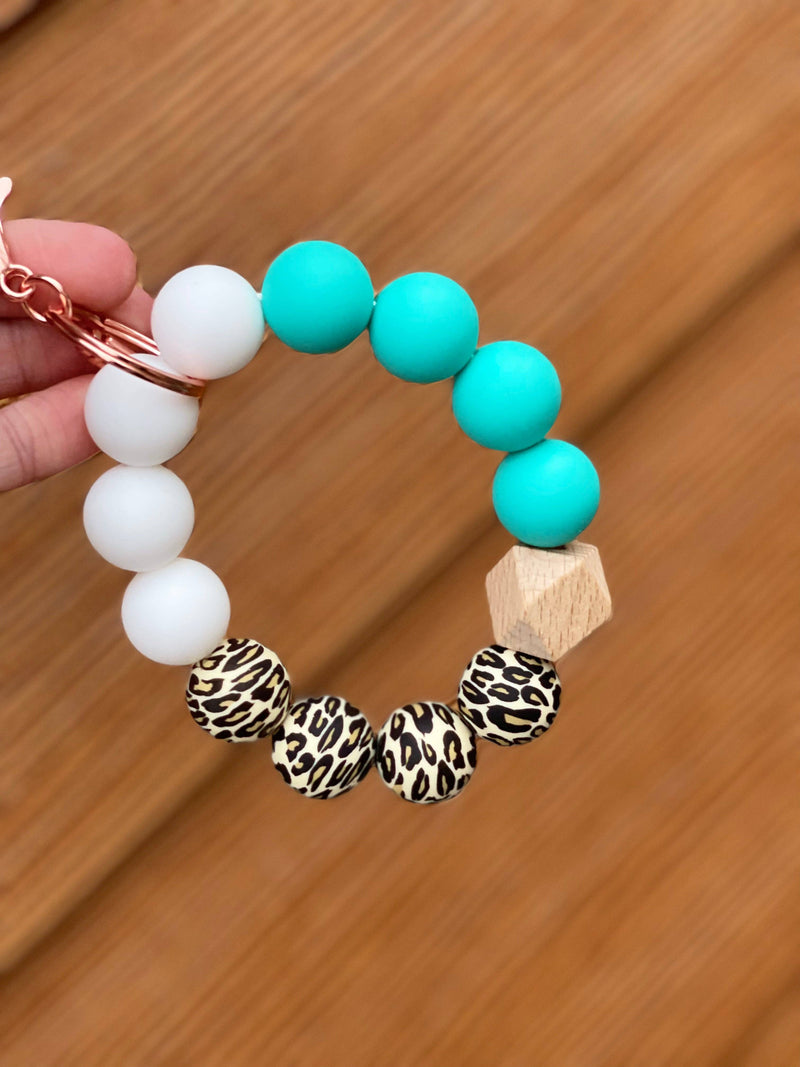 Cute Corner Boutique - White and Turquoise Leopard Keychain Wristlet