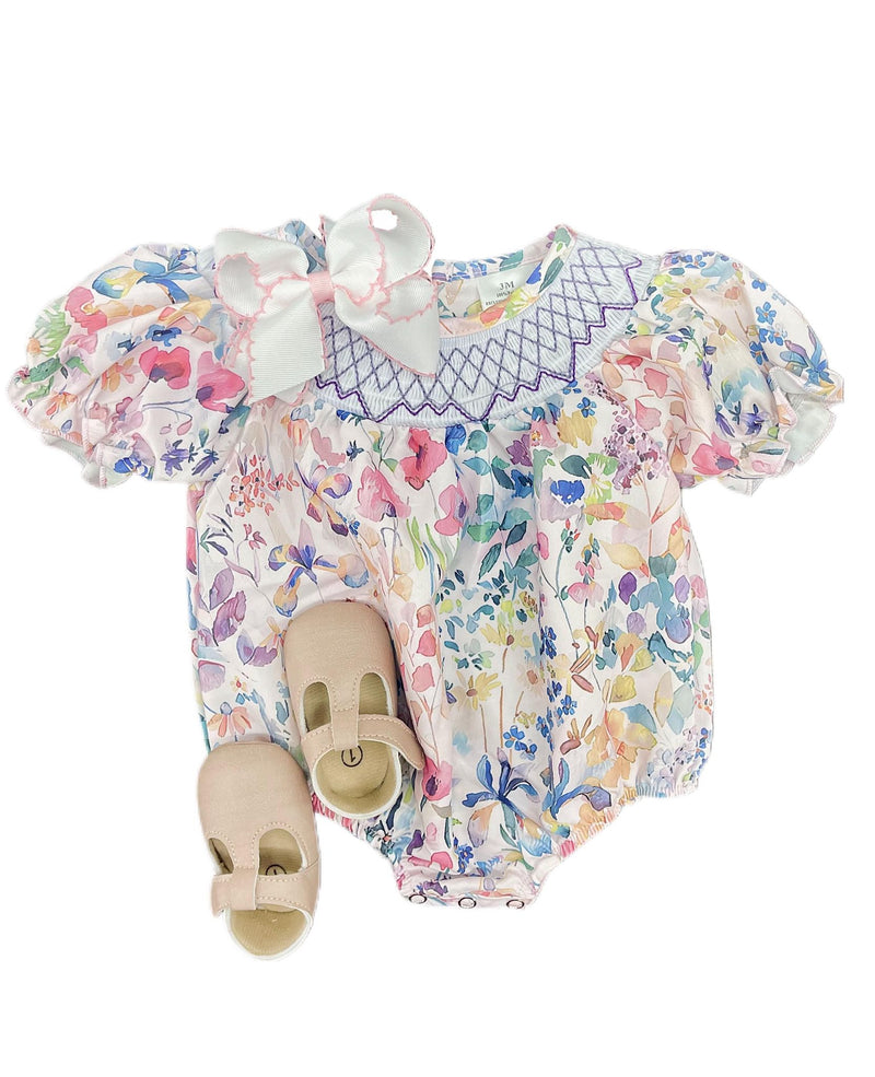 Purple Floral Smocked Baby Romper