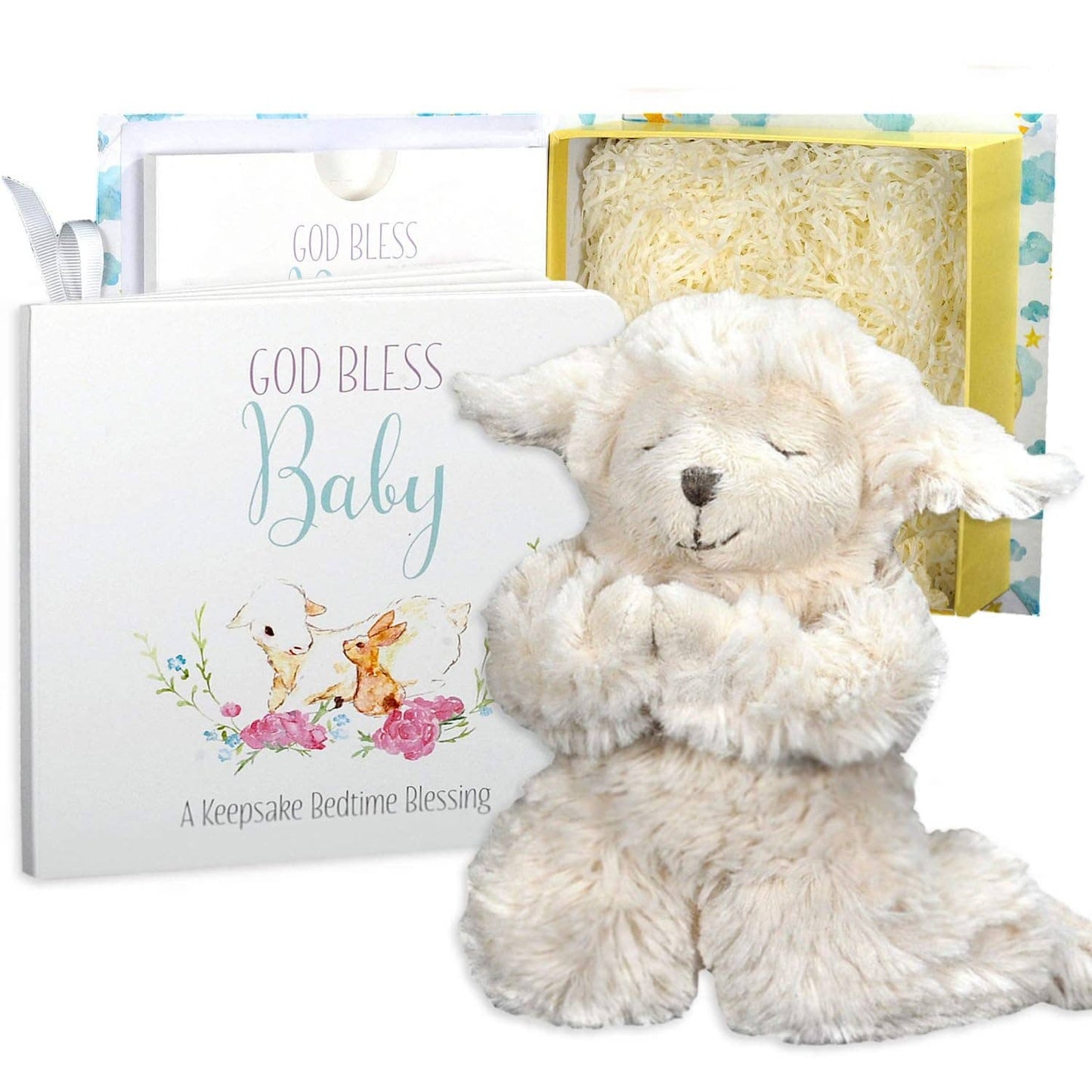 Bearington Collection - God Bless Baby Gift Set w/ Book, Praying Lamb and Book