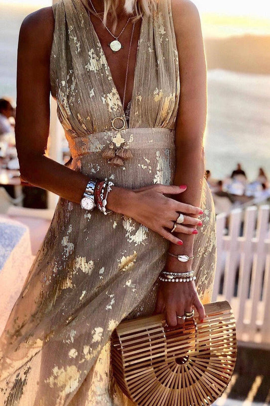 Charmo - V Neck Sleeveless Waist Tight Flowy Hem Maxi Dress