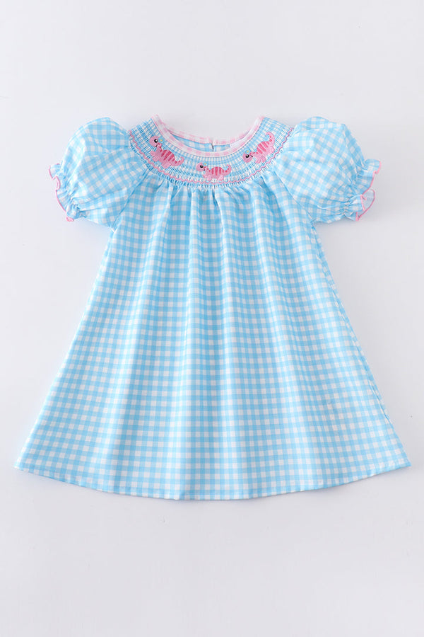 Girls Blue Plaid Dinosaur Smocked Dress