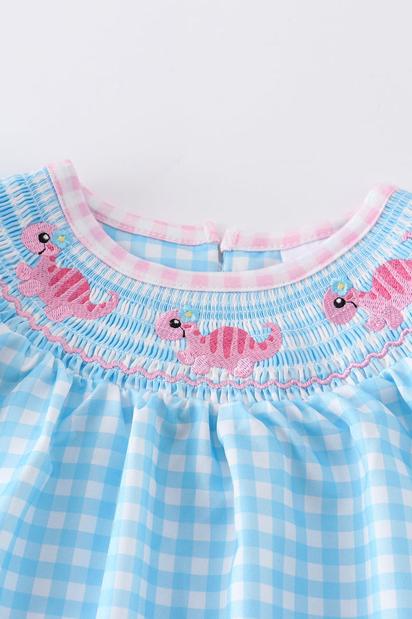 Girls Blue Plaid Dinosaur Smocked Dress