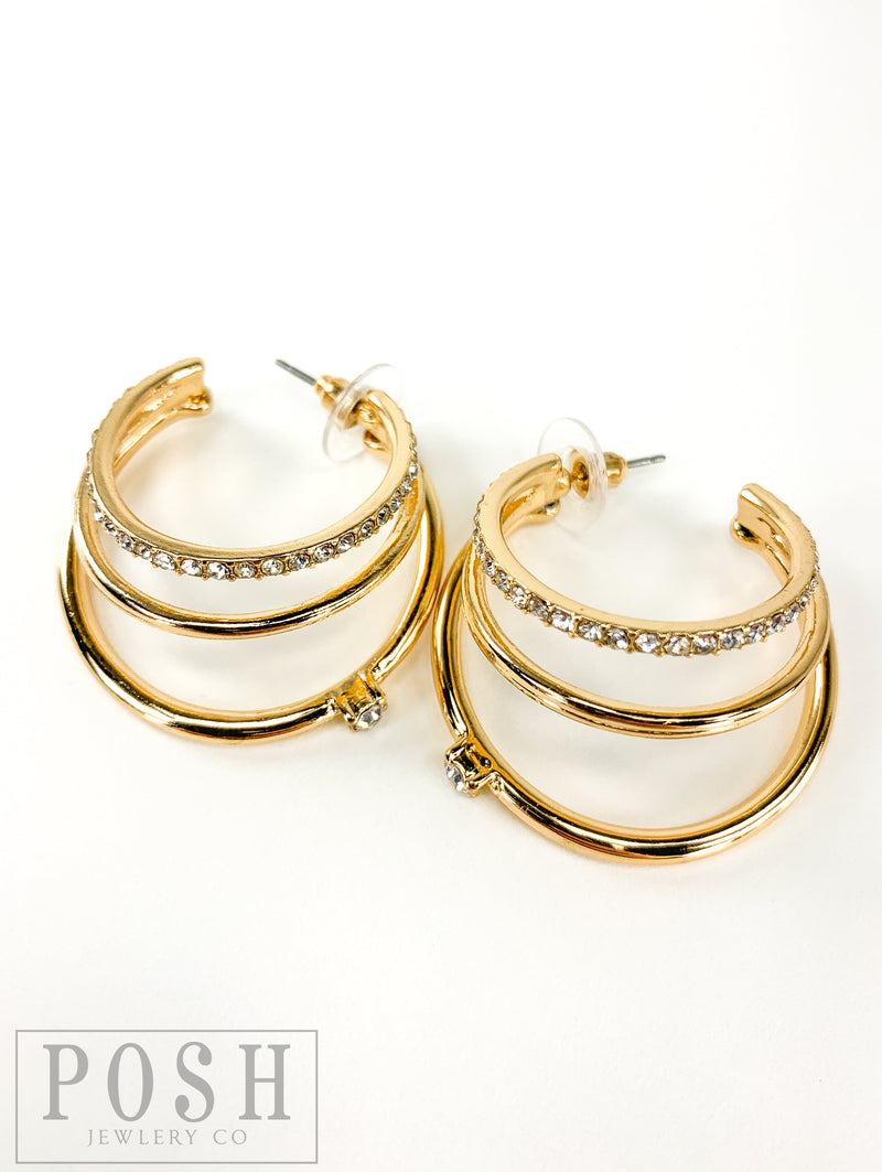 Triple Hoop Earrings with Clear Rhinestones
