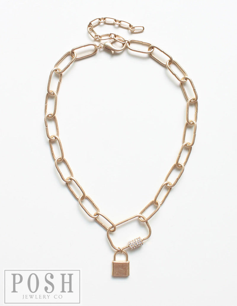 Large Link Chain Necklace with pave screw lock Pendant