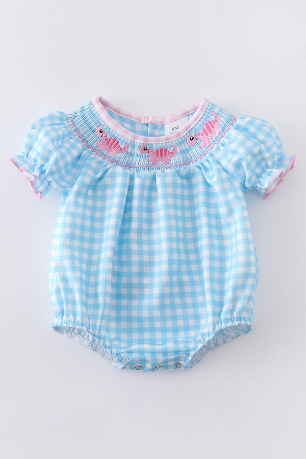 Girls Blue Plaid Dinosaur Smocked Bubble
