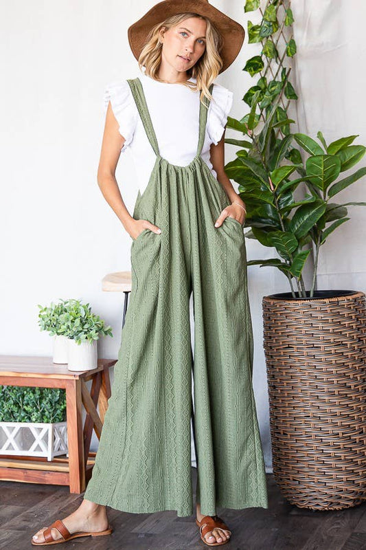 R5104B Wide Leg Solid Stretched Eyelet Lace  Suspender Pants: S-M-L (2-2-2) / OLIVE