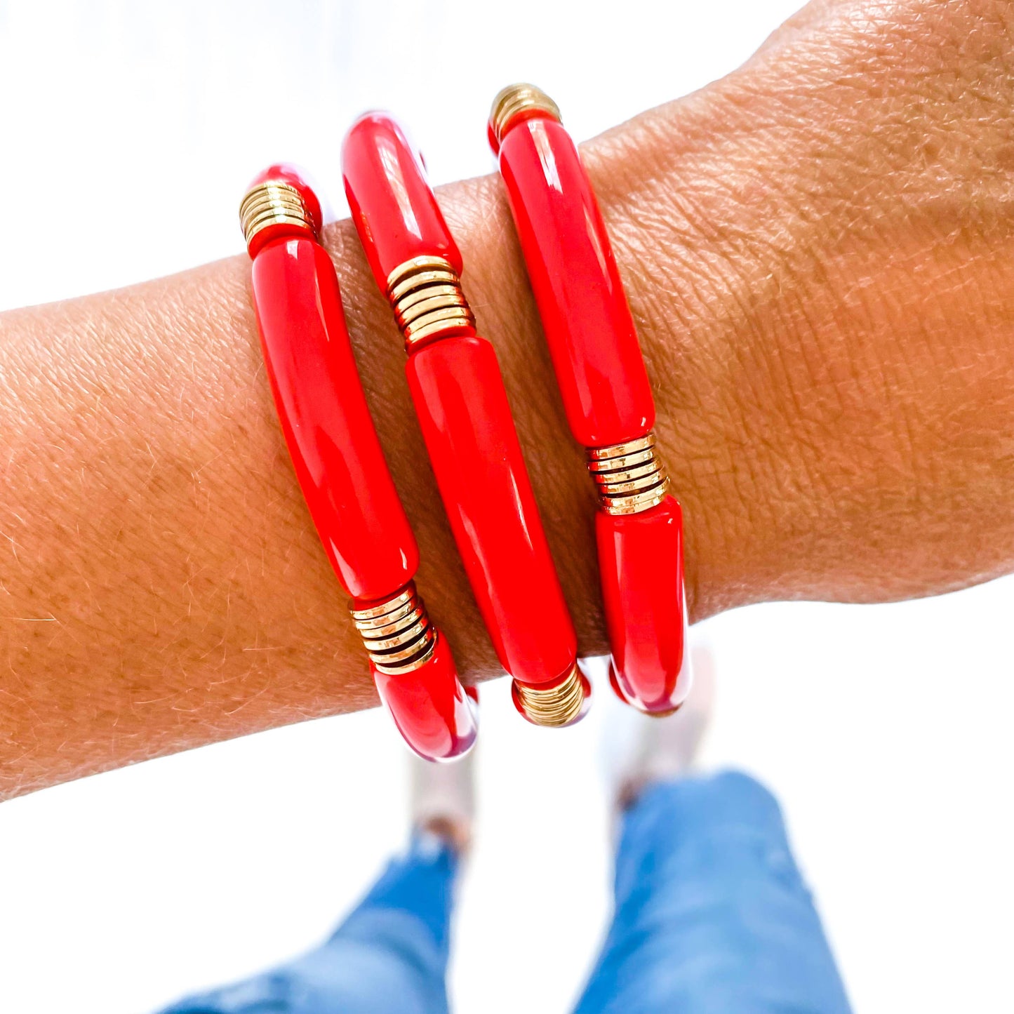 Savvy Bling - Red Acrylic Tube Bamboo Bracelet