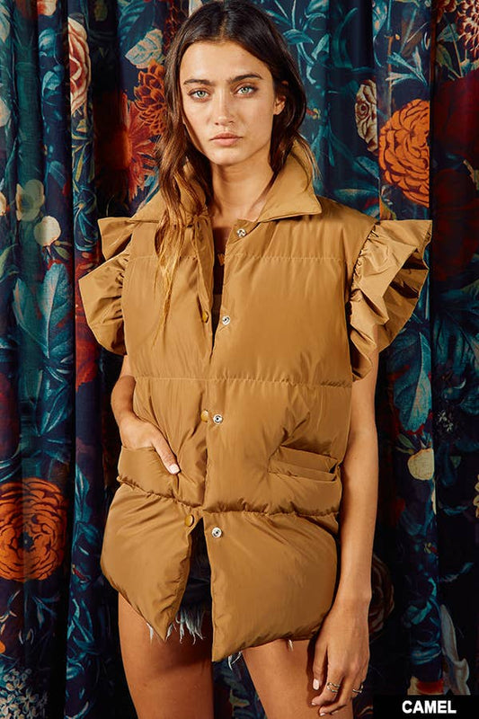 IT1813 Ruffle Sleeve Down Vest: S-M-L (2-2-2) / CAMEL