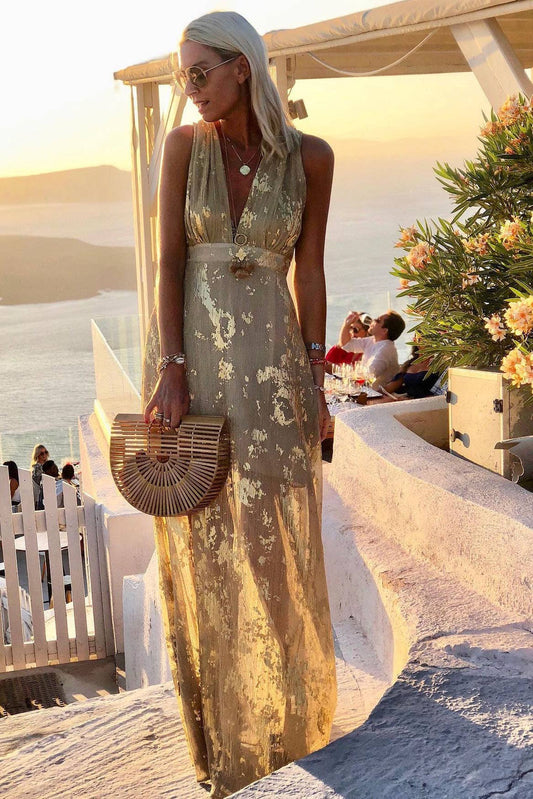 Charmo - V Neck Sleeveless Waist Tight Flowy Hem Maxi Dress