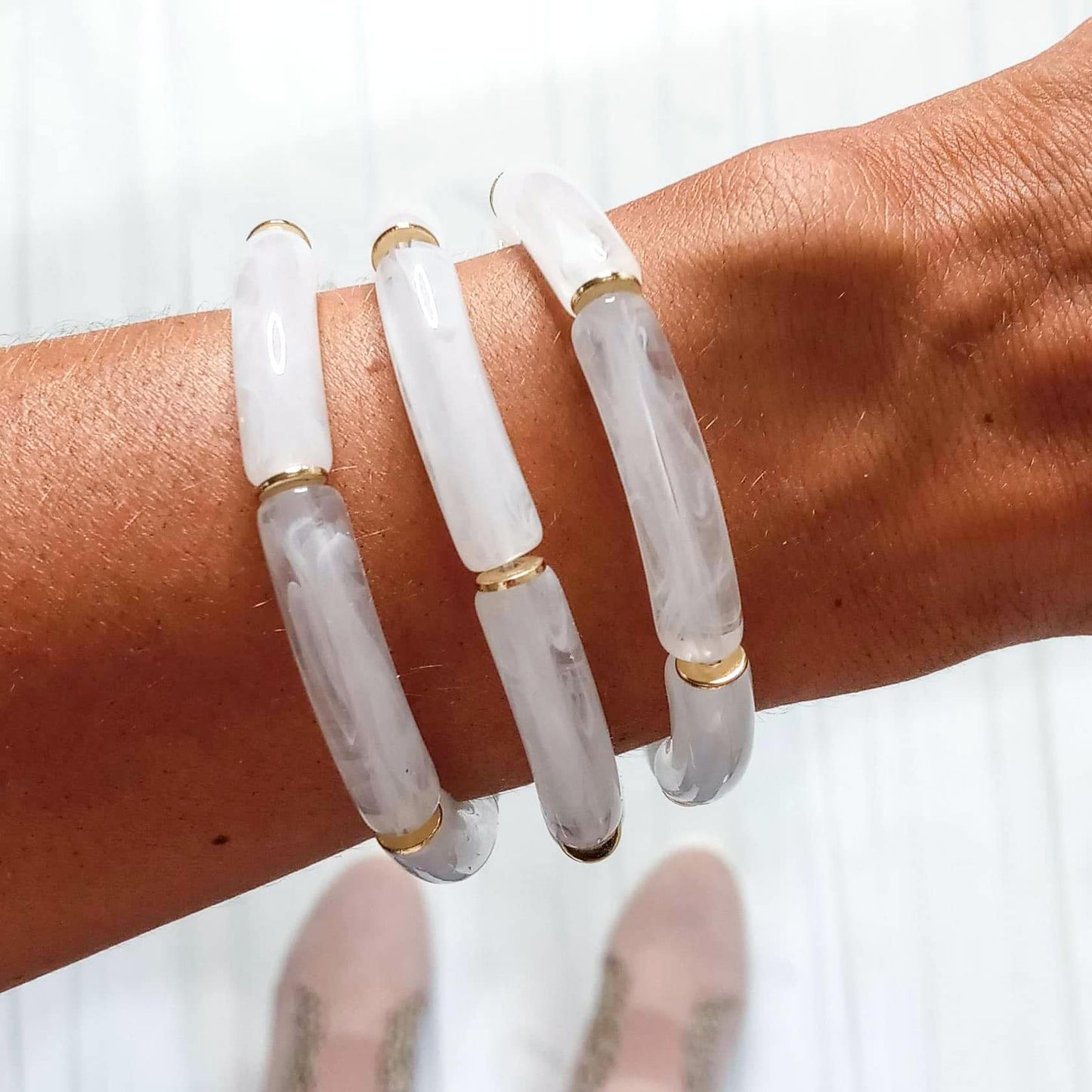 White and Clear Marble Acrylic Bamboo Bracelet